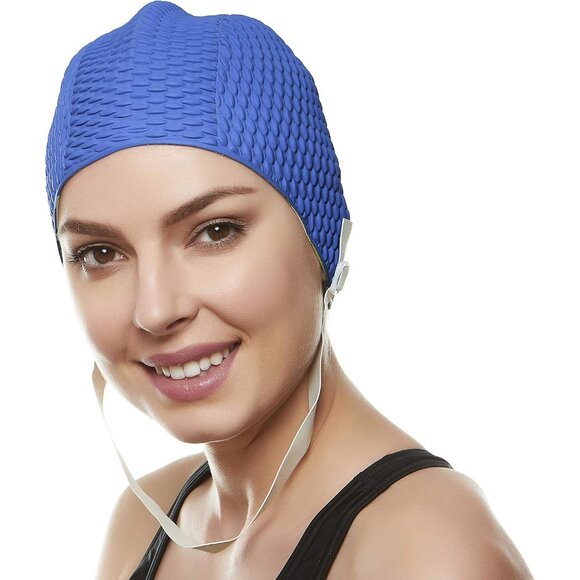 Beemo Swim Cap Women Chin Strap Bubble Crepe Latex Long Short Hair - Navy - Picture 2 of 9